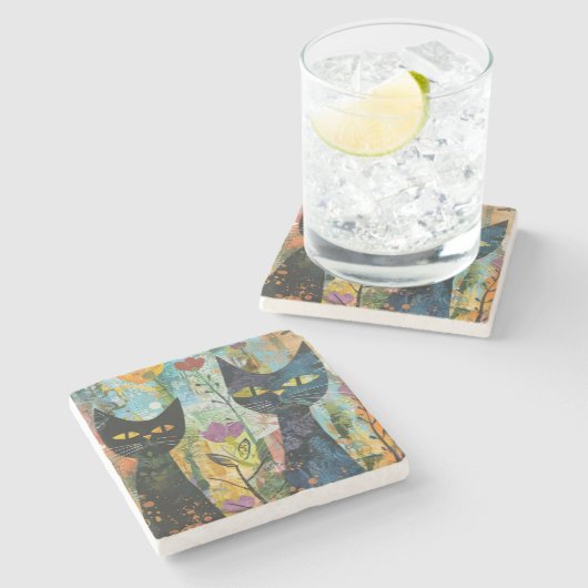 水彩ヴィンテージ抽象芸術猫(4) ストーンコースター (横)