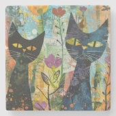 水彩ヴィンテージ抽象芸術猫(4) ストーンコースター (正面)