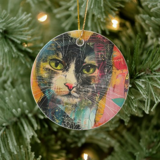 水彩ヴィンテージ抽象芸術猫(6) セラミックオーナメント (ツリー)