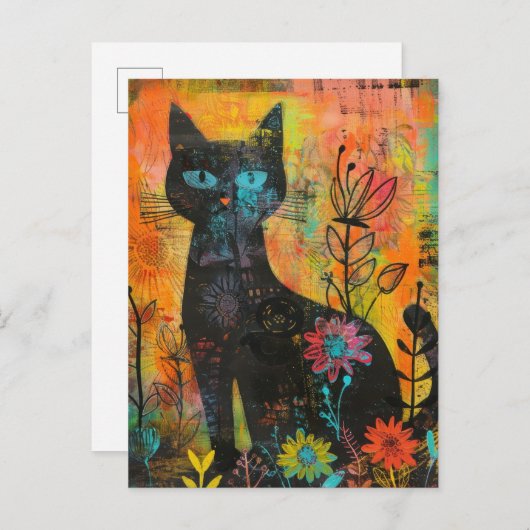 水彩ヴィンテージ抽象芸術猫(9) インビテーションポストカード (正面/裏面)