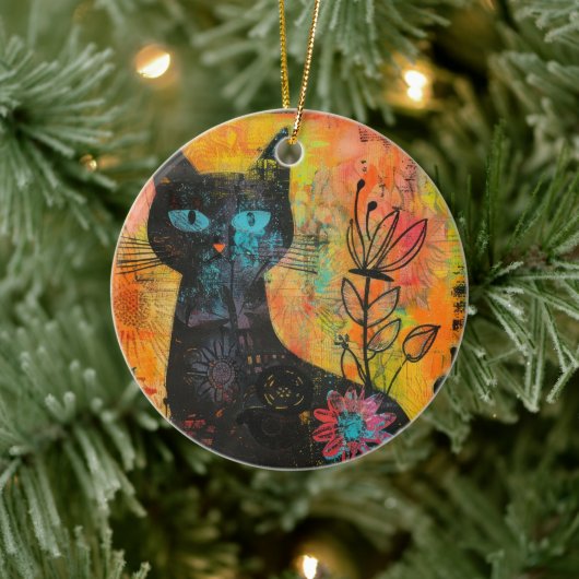 水彩ヴィンテージ抽象芸術猫(9) セラミックオーナメント (ツリー)