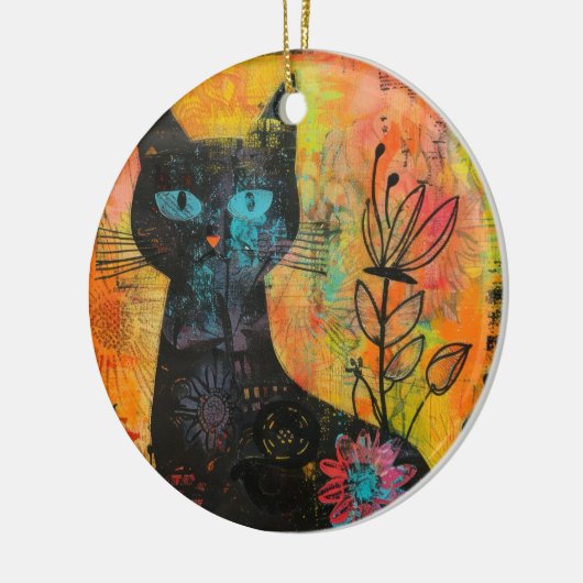 水彩ヴィンテージ抽象芸術猫(9) セラミックオーナメント (左)
