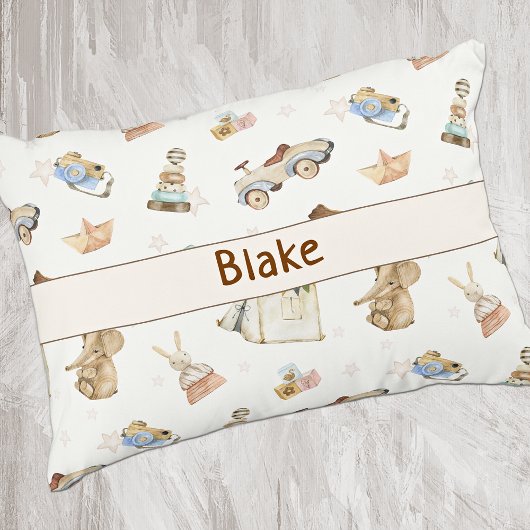 水彩ヴィンテージ玩具パターンホワイト アクセントクッション