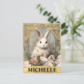 水彩ヴィンテージ白うさぎとピンクのバラ ポストカード (スタンド正面)