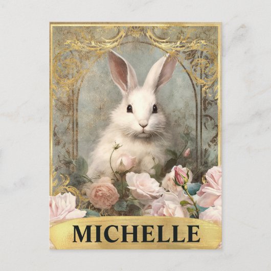 水彩ヴィンテージ白うさぎとピンクのバラ ポストカード (正面)