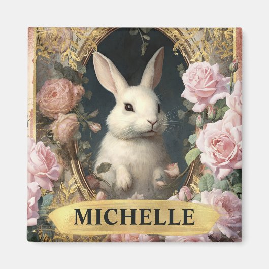 水彩ヴィンテージ白うさぎとピンクのバラ マグネット (正面)