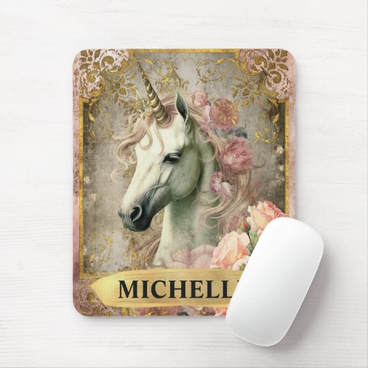 水彩ヴィンテージ白ユニコーンとピンクのバラ マウスパッド (マウス)