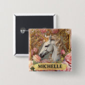 水彩ヴィンテージ白ユニコーンとピンクのバラ 缶バッジ (正面&裏面)