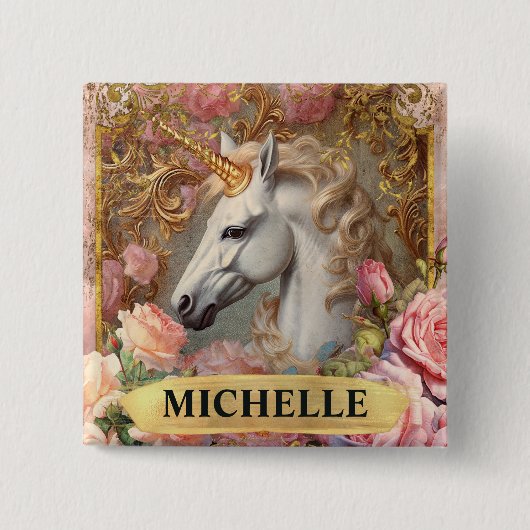 水彩ヴィンテージ白ユニコーンとピンクのバラ 缶バッジ (正面)
