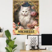 水彩ヴィンテージ白猫とピンクのバラ ポスター (ホームオフィス)