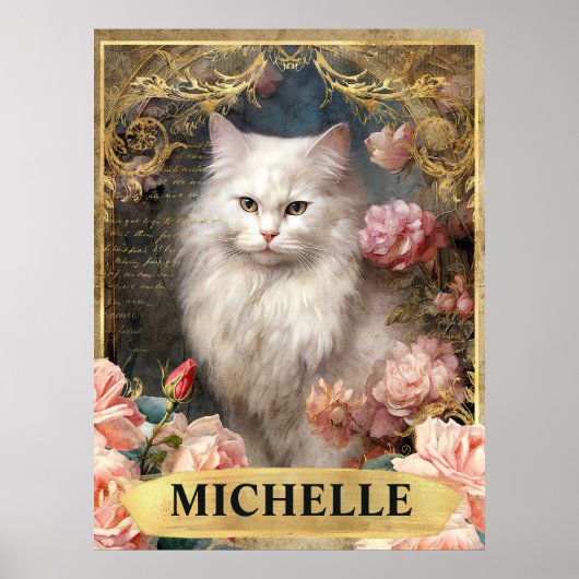 水彩ヴィンテージ白猫とピンクのバラ ポスター (正面)