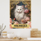 水彩ヴィンテージ白猫とピンクのバラ ポスター (キッチン)