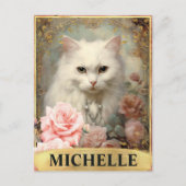 水彩ヴィンテージ白猫とピンクのバラ ポストカード (正面)