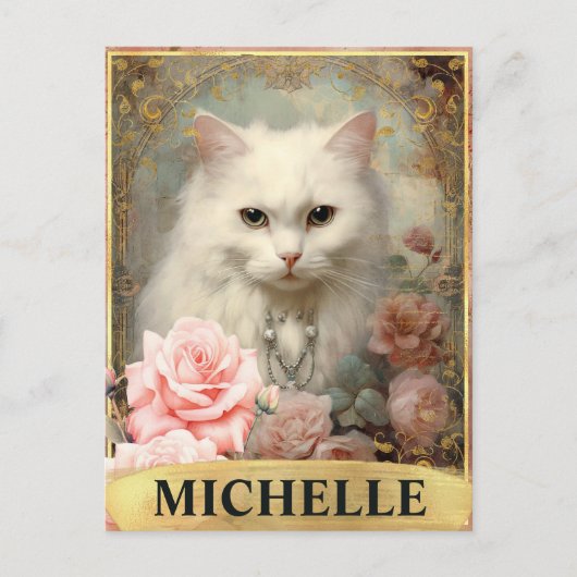 水彩ヴィンテージ白猫とピンクのバラ ポストカード (正面)