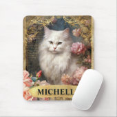 水彩ヴィンテージ白猫とピンクのバラ マウスパッド (マウス)