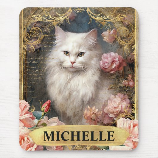 水彩ヴィンテージ白猫とピンクのバラ マウスパッド (正面)