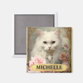 水彩ヴィンテージ白猫とピンクのバラ マグネット (正面/裏面)