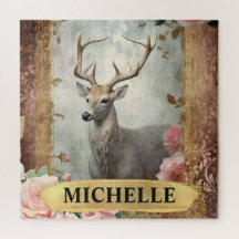 水彩ヴィンテージ白鹿とピンクのバラ