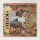 水彩ヴィンテージ白鹿とピンクのバラ ジグソーパズル (横)