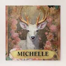 水彩ヴィンテージ白鹿とピンクのバラ