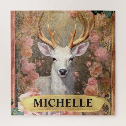 水彩ヴィンテージ白鹿とピンクのバラ ジグソーパズル (縦)