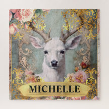 水彩ヴィンテージ白鹿とピンクのバラ