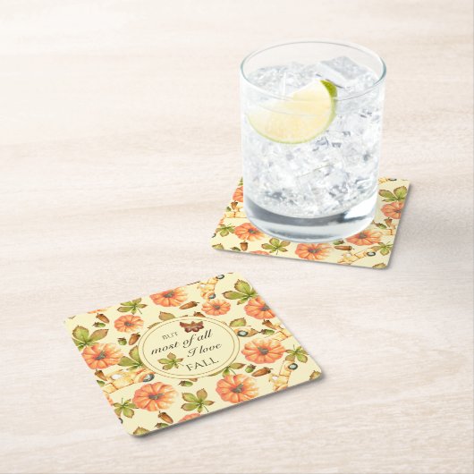 水彩ヴィンテージ秋パターン スクエアペーパーコースター (インサイチュ)