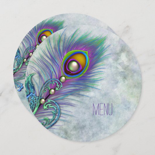 水彩ヴィンテージ結婚孔雀のメニュー 招待状 (正面/裏面)