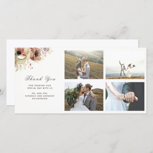 水彩ヴィンテージ花秋の結婚式 サンキューカード (正面/裏面)