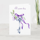 水彩ヴィンテージ鍵及び花誕生日カード カード (正面)