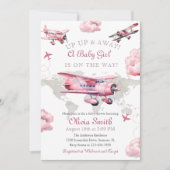 水彩ヴィンテージ飛行機旅行ギールベイビーシャワー 招待状 (正面)