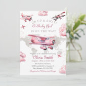 水彩ヴィンテージ飛行機旅行ギールベイビーシャワー 招待状 (スタンド正面)