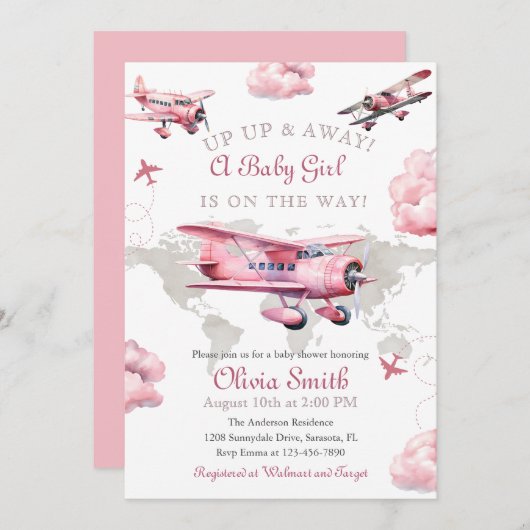 水彩ヴィンテージ飛行機旅行ギールベイビーシャワー 招待状 (正面/裏面)