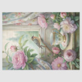 水彩ヴィンテージ鳥赤面ピンク牡丹の窓 薄葉紙 (正面)