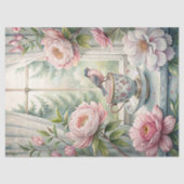 水彩ヴィンテージ鳥赤面ピンク牡丹の窓 薄葉紙 (正面)