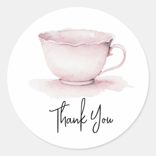 水彩ヴィンテージ ピンク ティーカップ サンクス ラウンドシール (正面)