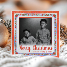 水彩ヴィンテージ フラワー レッド & ブルー フォト シーズンカード