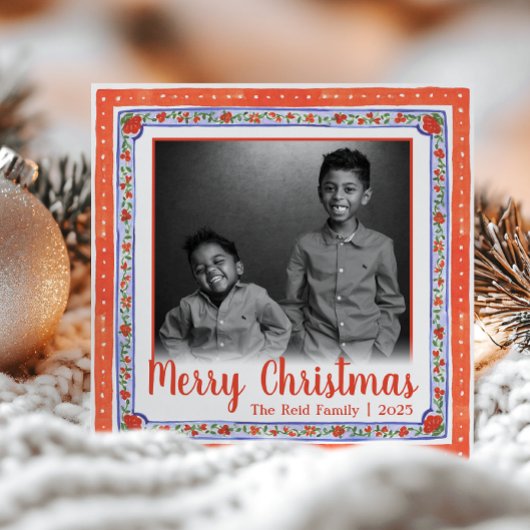 水彩ヴィンテージ フラワー レッド & ブルー フォト シーズンカード