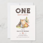 水彩一素朴色ハッピーキャンパー1歳の誕生日 招待状 (正面)