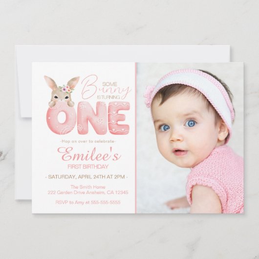 水彩一部のバニーはONEフォト誕生日 招待状 (正面)