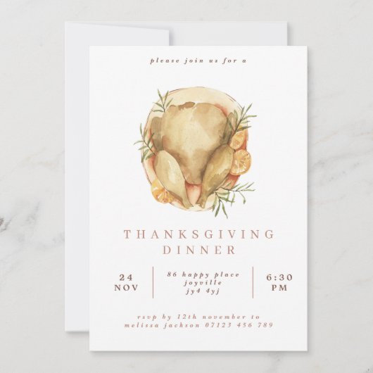 水彩七面鳥サンクスギビング夕食会 招待状 (正面)
