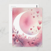 水彩三日月、ハート、さくらんぼの花 ポストカード (正面/裏面)