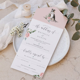 水彩三色ピットブル犬 & 花のピンクのバラ オールインワン招待状