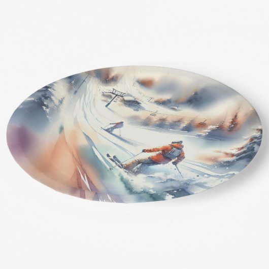 水彩下り坂スキーヤー ペーパープレート (アングル)