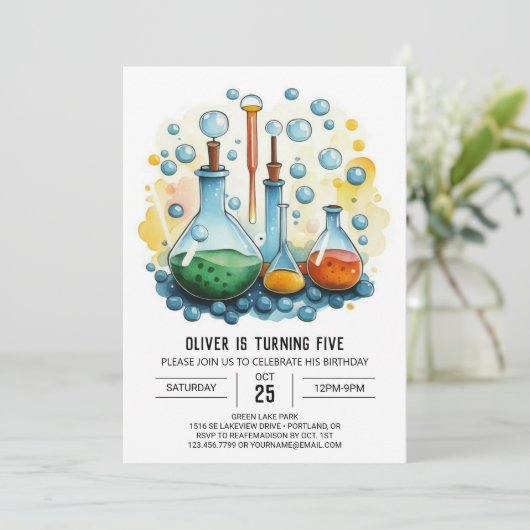 水彩不機嫌サイエンティストフラスコ誕生日 招待状 (スタンド正面)