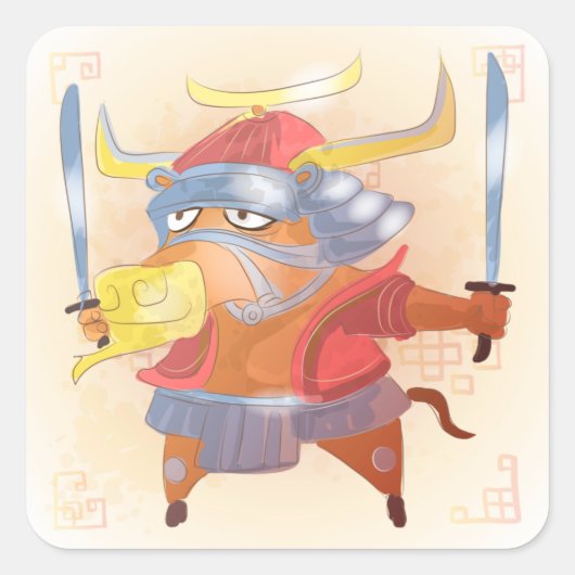 水彩丑の年、侍 スクエアシール (正面)