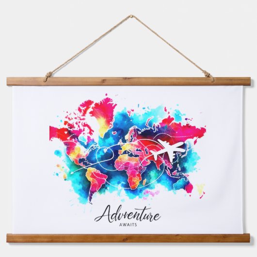 水彩世界地図タペストリー 吊り下げ型タペストリー (正面)