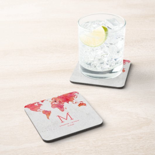 水彩世界地図デスティネーションウェディングモノグラム コースター (右側)