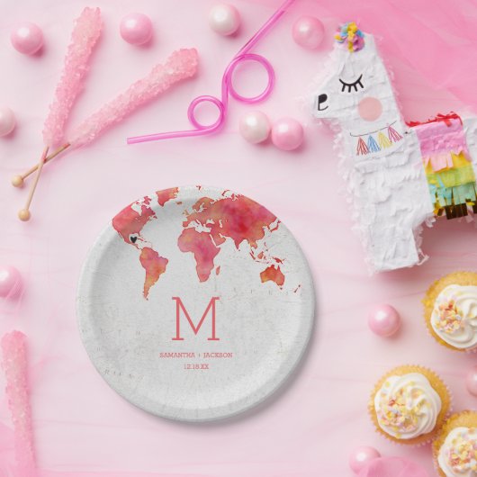 水彩世界地図デスティネーションウェディングモノグラム ペーパープレート (パーティー)