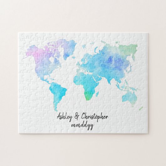 水彩世界地図結婚のゲストブック ジグソーパズル (横)